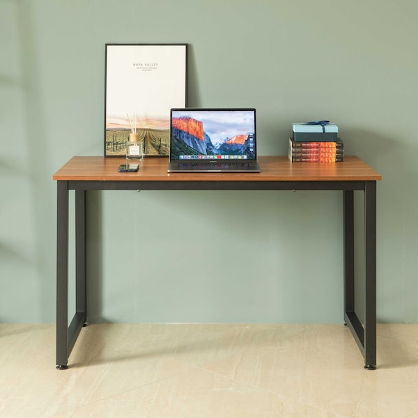 Basicwise Wooden Writing Desk Homes Office Table with Sturdy Metal Frame, Cherry - QI003994.CR