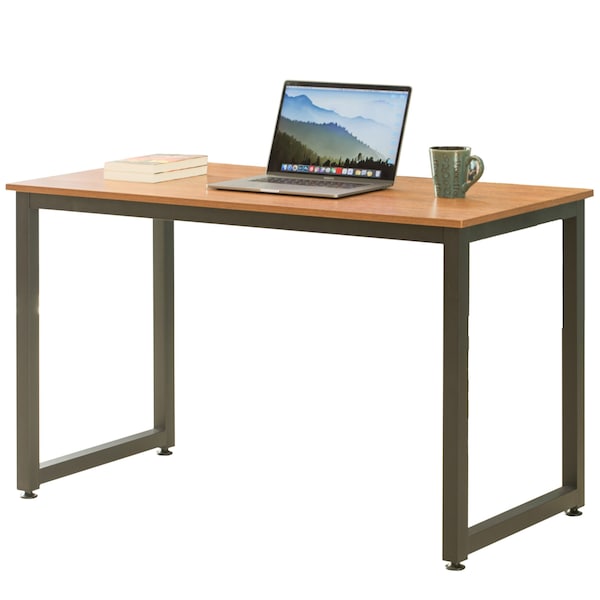 Basicwise Wooden Writing Desk Homes Office Table with Sturdy Metal Frame, Cherry - QI003994.CR