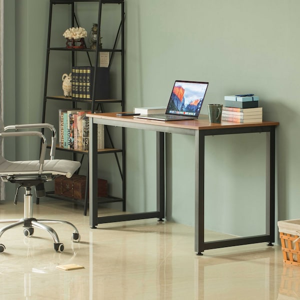 Basicwise Wooden Writing Desk Homes Office Table with Sturdy Metal Frame, Cherry - QI003994.CR