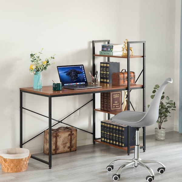 Basicwise Wood and Metal Industrial Home Office Computer Desk with Bookshelves, Cherry - QI003993.CR