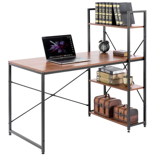 Basicwise Wood and Metal Industrial Home Office Computer Desk with Bookshelves, Cherry - QI003993.CR