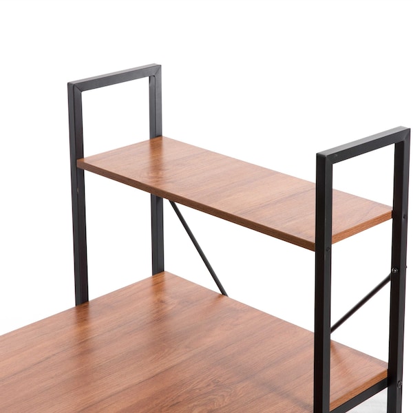 Basicwise Wood and Metal Industrial Home Office Computer Desk with Bookshelves, Cherry - QI003993.CR