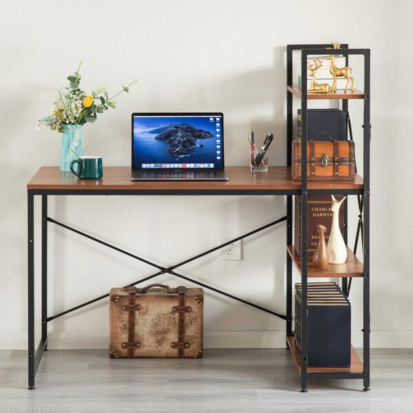 Basicwise Wood and Metal Industrial Home Office Computer Desk with Bookshelves, Cherry - QI003993.CR