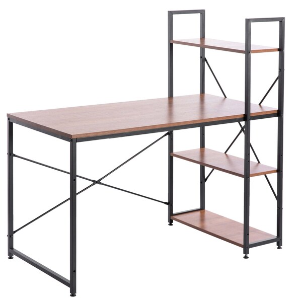 Basicwise Wood and Metal Industrial Home Office Computer Desk with Bookshelves, Cherry - QI003993.CR