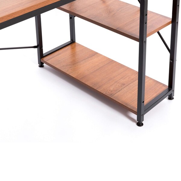 Basicwise Wood and Metal Industrial Home Office Computer Desk with Bookshelves, Cherry - QI003993.CR