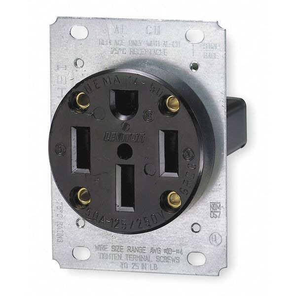Leviton Receptacle, 50 A Amps, 125/250VAC, Flush Mount, Single Outlet, 14-50R, Black - 279-S00