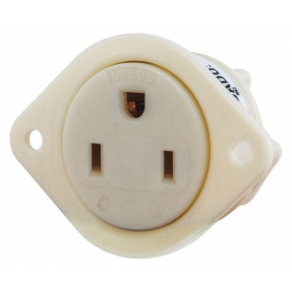 Zoro Select Flanged Receptacle, 15 A Amps, 125V AC, Panel Mount, Single Outlet, 5-20R, White - 5279