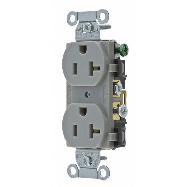 Zoro Select Receptacle, 20 A Amps, 125V AC, Flush Mount, Standard Duplex Outlet, 5-20R, Gray - CRS20GRY