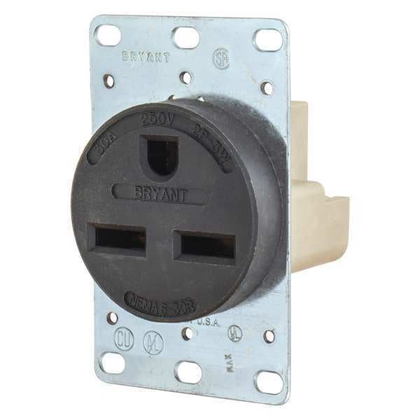 Zoro Select Receptacle, 30 A Amps, 250V AC, Flush Mount, Single Outlet, 6-30R, Black - 9630FR