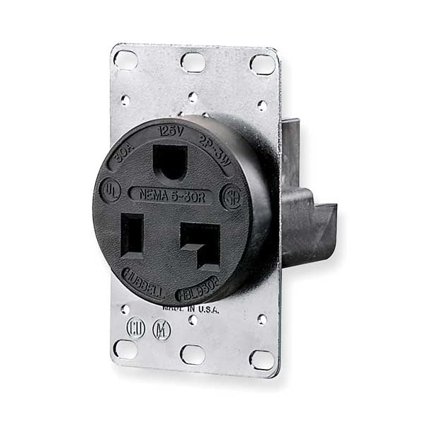 Hubbell Receptacle, 30 A Amps, 125V AC, Flush Mount, Single Outlet, 5-30R, Black - HBL9308