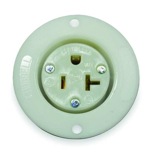 Hubbell Flanged Receptacle, 20 A Amps, 125V AC, Panel Mount, Single Outlet, 5-20R, White - HBL5379C