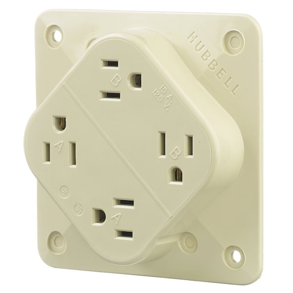 Hubbell Receptacle, 15 A Amps, 125V AC, Surface Mount, Quad Outlet, 5-15R, Ivory - HBL415I