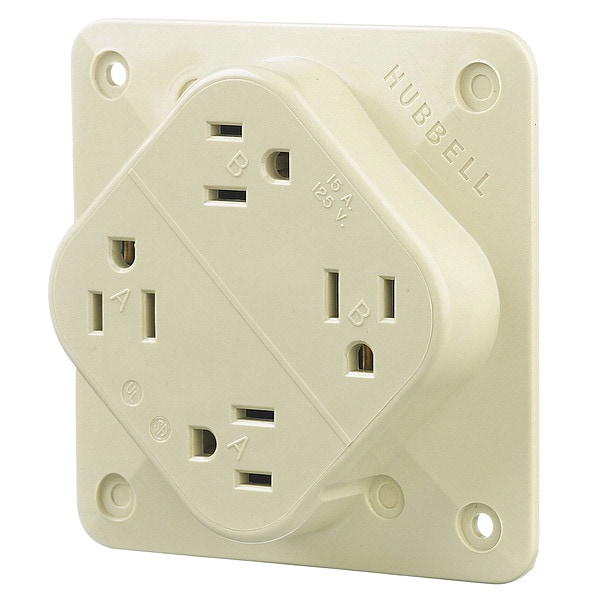 Hubbell Receptacle, 15 A Amps, 125V AC, Surface Mount, Quad Outlet, 5-15R, Ivory - HBL415I