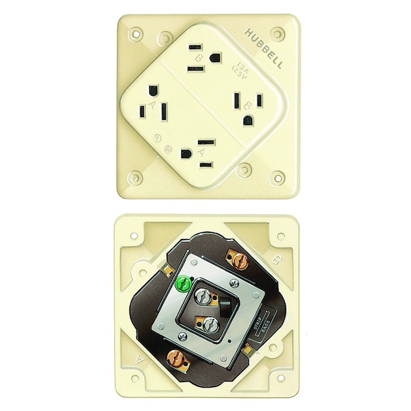 Hubbell Receptacle, 15 A Amps, 125V AC, Surface Mount, Quad Outlet, 5-15R, Ivory - HBL415I