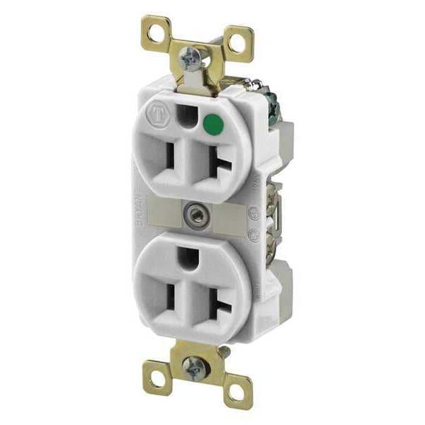 Zoro Select Receptacle, 20 A Amps, 125V AC, Flush Mount, Standard Duplex Outlet, 5-20R, White - BRY8300W