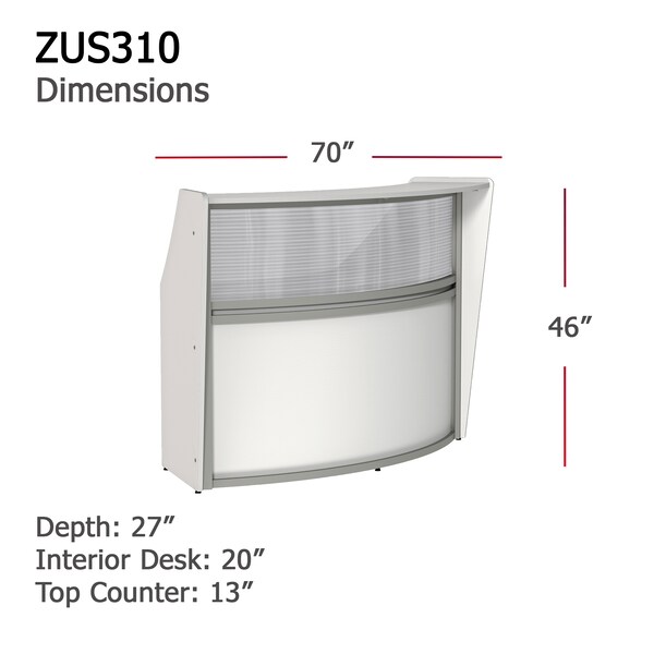 Linea Italia Curved Reception Desk with Counter, Clear Panel, 72 inW x 32 inD, White - ZUS310