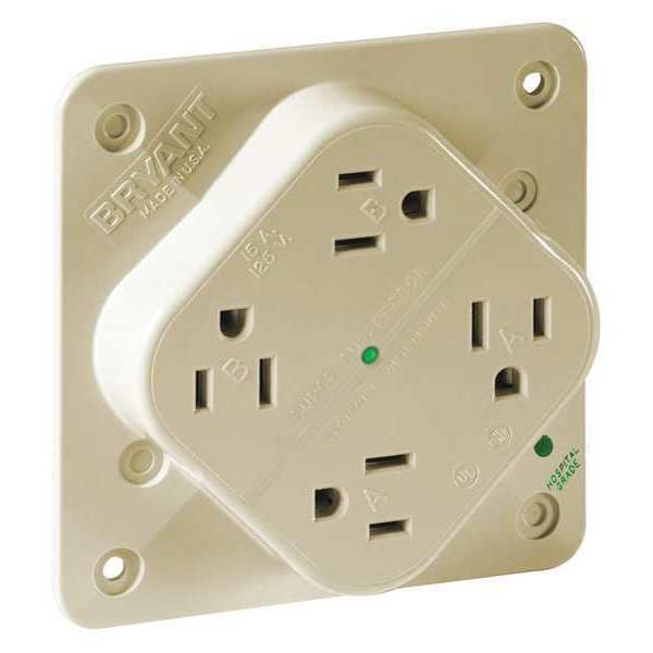 Zoro Select Receptacle, 15 A Amps, 125V AC, Flush Mount, Quad Outlet, 5-15R, Ivory - 1254HSIA