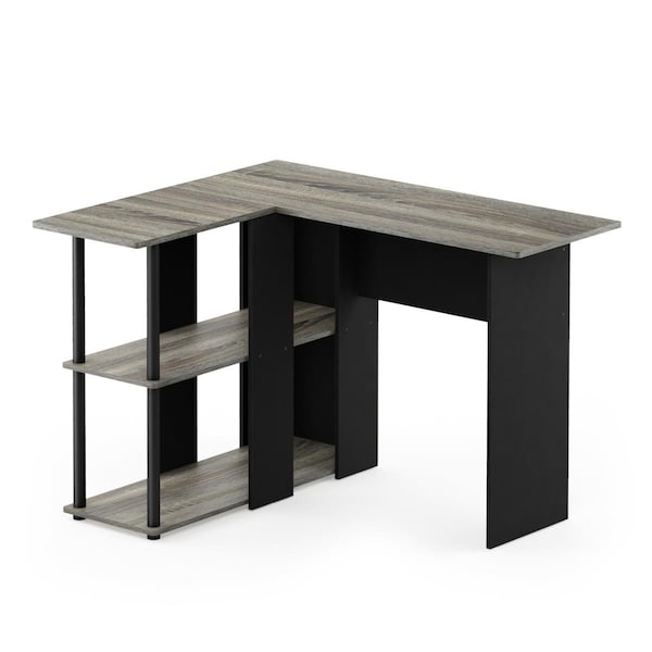 Furinno 17092GYW-BK Abbott L-Shape Desk with Bookshelf, French Oak Grey & Black - 17092GYW/BK