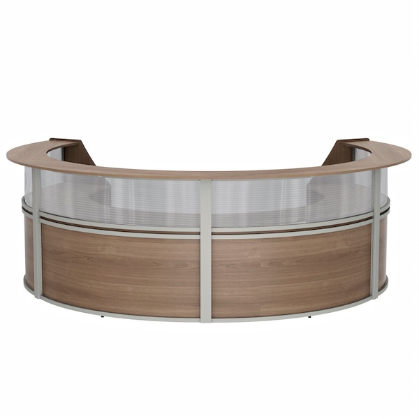 Linea Italia Curved Reception Desk 4 Units, Clear Panel, 142 inW x 107 inD, N. Walnut - ZUI318