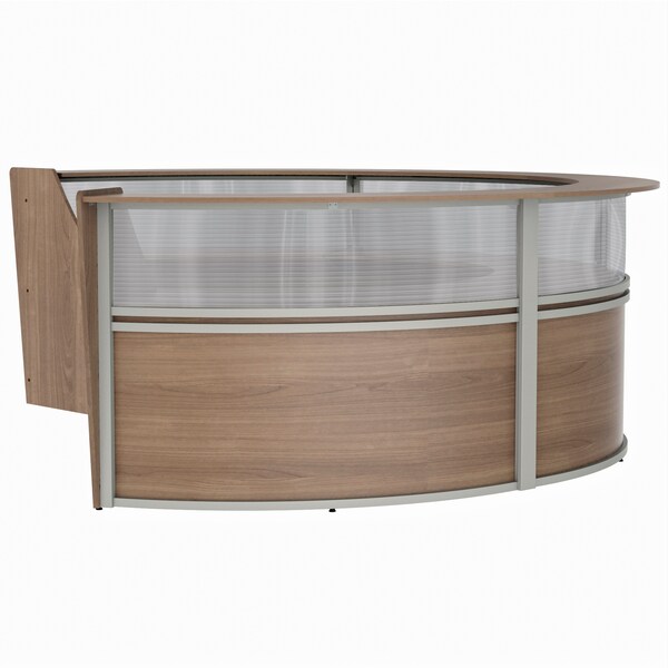 Linea Italia Curved Reception Desk 4 Units, Clear Panel, 142 inW x 107 inD, N. Walnut - ZUI318