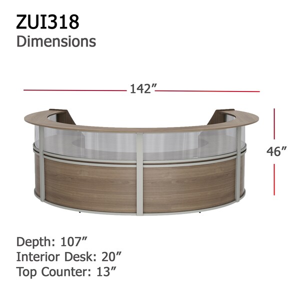 Linea Italia Curved Reception Desk 4 Units, Clear Panel, 142 inW x 107 inD, N. Walnut - ZUI318