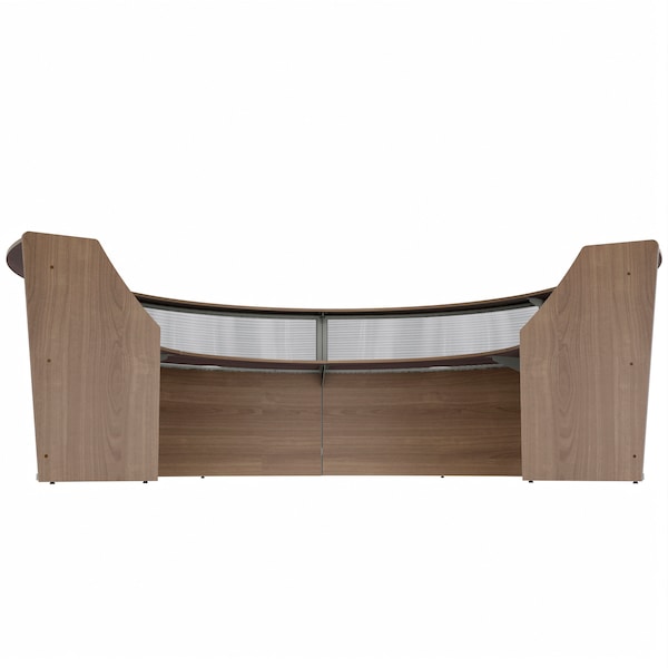 Linea Italia Curved Reception Desk 4 Units, Clear Panel, 142 inW x 107 inD, N. Walnut - ZUI318