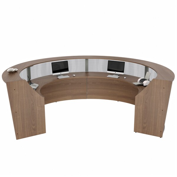 Linea Italia Curved Reception Desk 4 Units, Clear Panel, 142 inW x 107 inD, N. Walnut - ZUI318