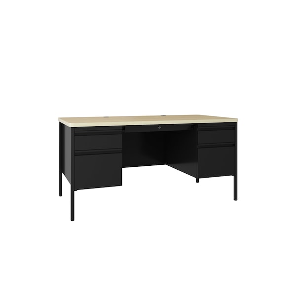 Hirsh Double Pedestal File Desk W/ Round Corner T-Mold Top, 30 in D X 29.5 in H, 60 in W X Black / Maple - 25054