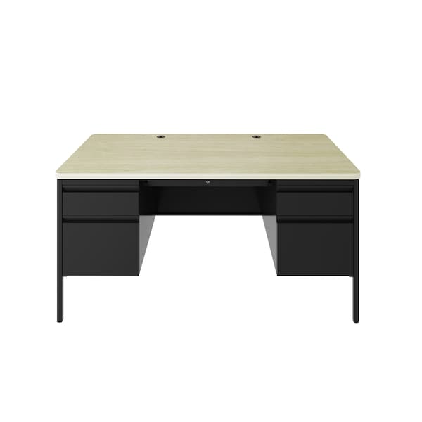 Hirsh Double Pedestal File Desk W/ Round Corner T-Mold Top, 30 in D X 29.5 in H, 60 in W X Black / Maple - 25054