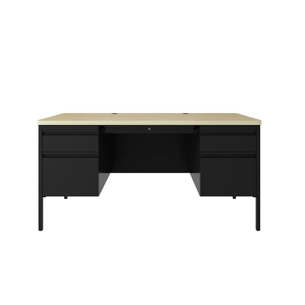 Hirsh Double Pedestal File Desk W/ Round Corner T-Mold Top, 30 in D X 29.5 in H, 60 in W X Black / Maple - 25054