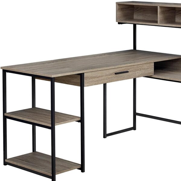 Homeroots 47.25 in. Dark Taupe MDF & Black Metal Corner Computer Desk - 333395