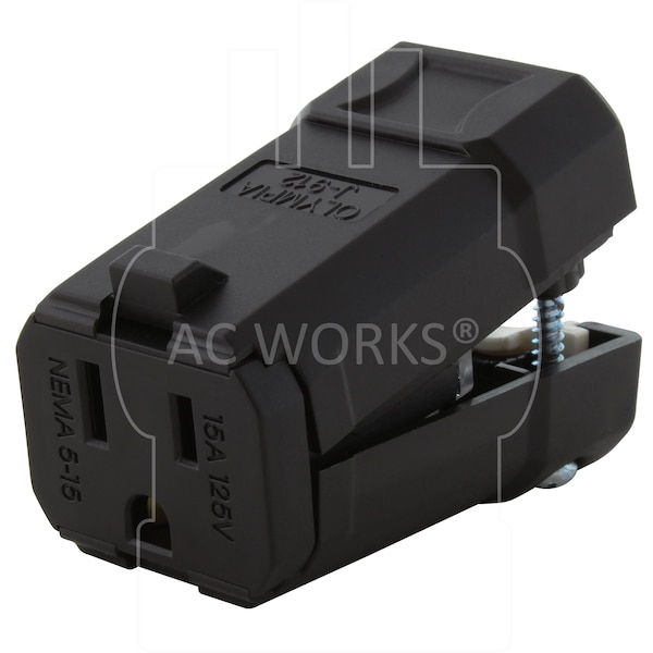 Ac Works NEMA 5-15R 15A 125V Clamp Style Square Household Female Connector with UL, C-UL Approval in Black - ASQ515R-BK