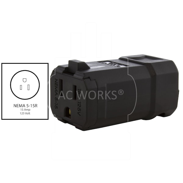 Ac Works NEMA 5-15R 15A 125V Clamp Style Square Household Female Connector with UL, C-UL Approval in Black - ASQ515R-BK