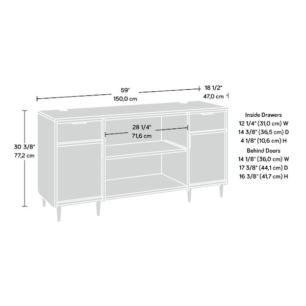 Sauder Credenza, 18.5 in D X 30.39 in H, 59.06 in W X Engineered wood - 429507