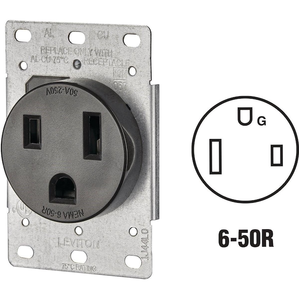 Leviton 50A Flush Mount Black 6-50R Welder Power Outlet - R10-05374-S00