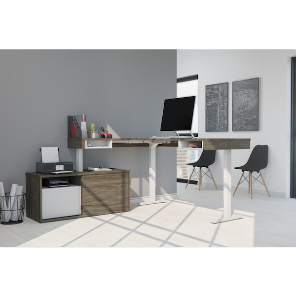 Bestar Pro-Vega Height Adjustable L-Desk, Walnut Grey/White - 130850-000035