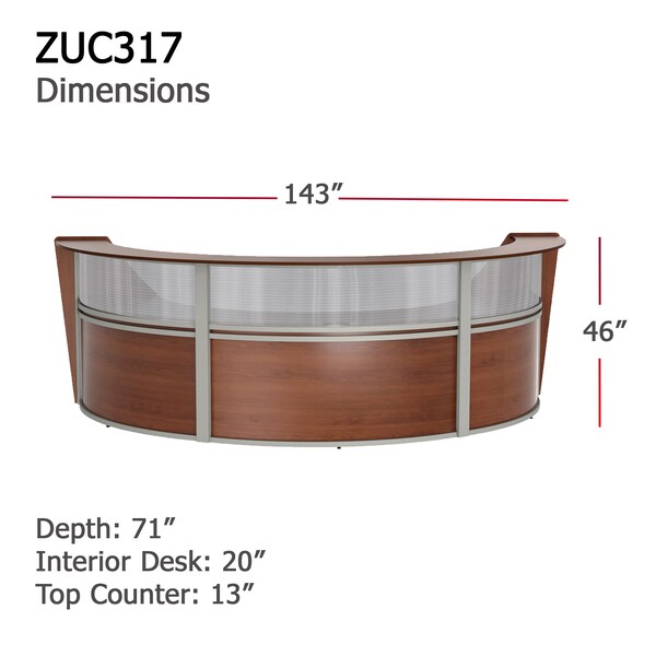 Linea Italia Curved Reception Desk 3 Units, Clear Panel, 143 inW x 71 inD, Cherry - ZUC317