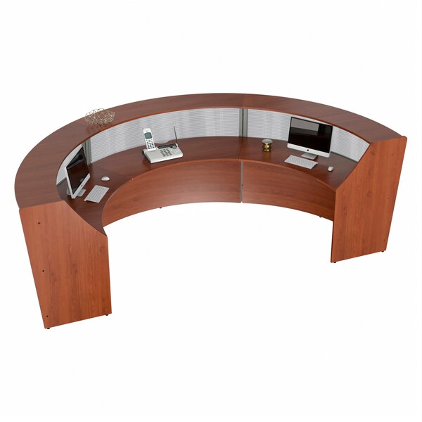 Linea Italia Curved Reception Desk 3 Units, Clear Panel, 143 inW x 71 inD, Cherry - ZUC317