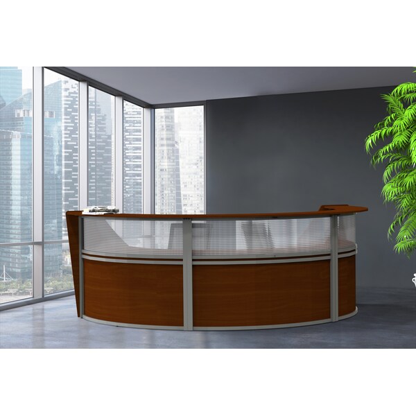 Linea Italia Curved Reception Desk 3 Units, Clear Panel, 143 inW x 71 inD, Cherry - ZUC317