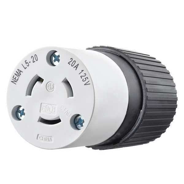 Zoro Select Locking Connector Black/White 125VAC 20A L5-20R - BRY70520NC