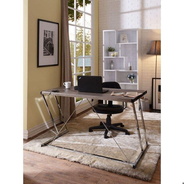 Homeroots 32 x 47 x 47 in. Finis Writing Desk with USB Dock Weathered Oak & Chrome - 286398