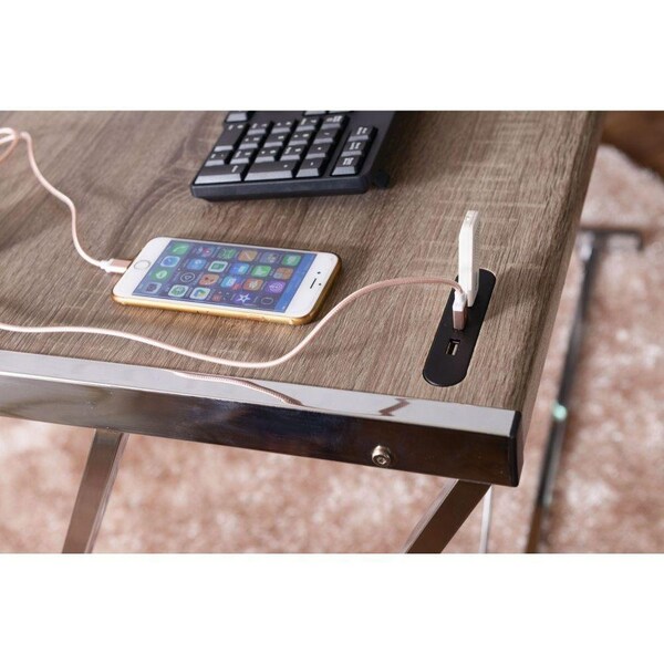 Homeroots 32 x 47 x 47 in. Finis Writing Desk with USB Dock Weathered Oak & Chrome - 286398
