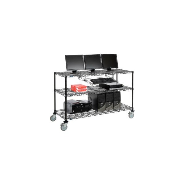 Global Equipment Nexel     3-Shelf Mobile Wire Computer LAN Workstation w/Keyboard Tray, 60"W x 24"D x 40"H, Black - 695378BK