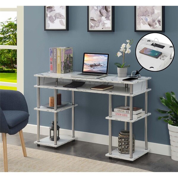 Convenience Concepts Designs2Go No Tools Student Desk with Charging Station, White Marble - 131446WMU