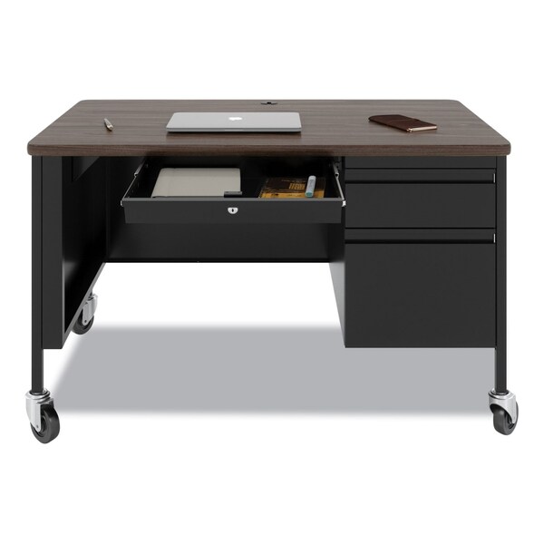 Hirsh Industries Mobile Teachers Pedestal Desk, Right-Hand Pedestal: Box/File Drawer, 48inx30inx29.5in, Walnut/Black - 22656