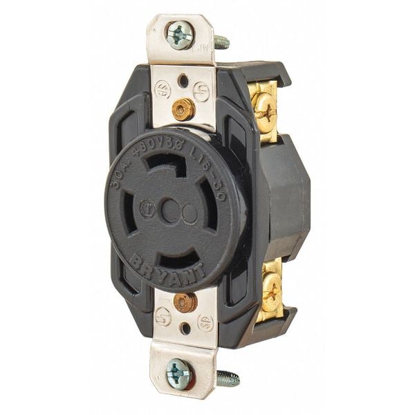 Zoro Select 30A Locking Receptacle 3P 4W 480VAC L16-30R BK - 71630FR