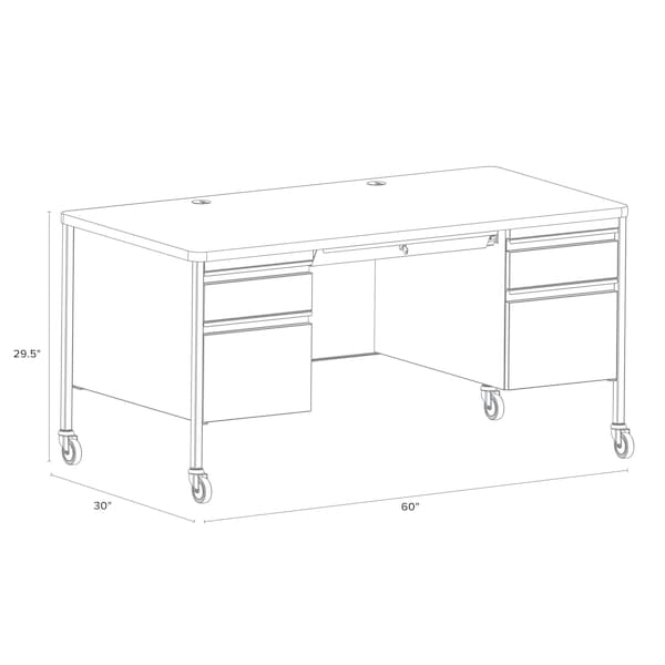 Hirsh Mobile Double Pedestal File Desk W/ Round Corner T-Mold Top, 30 in D X 29.5 in H, 60 in W X - 25056