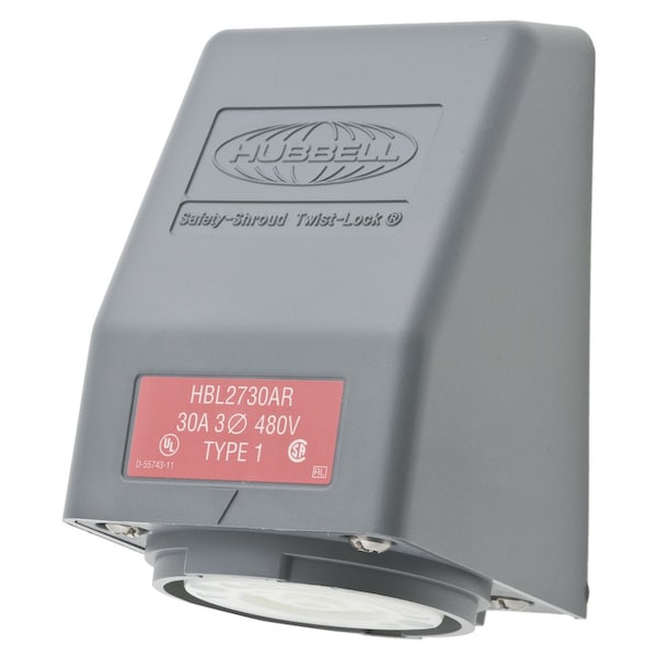 Hubbell 30A Angle Twist-Lock Receptacle 3P 4W 480VAC L16-30R GY - HBL2730AR