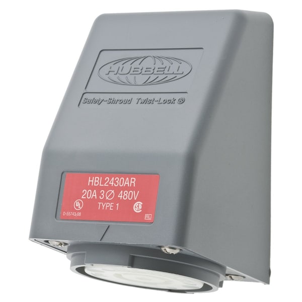 Hubbell 20A Angle Twist-Lock Receptacle 3P 4W 480VAC L16-20R GY - HBL2430AR