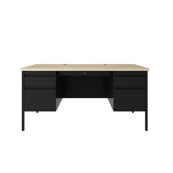 Hirsh Double Pedestal Office Desk W/ Center Drawer, 30 in D X 29.5 in H, 60 in W X Black / Maple - 25052